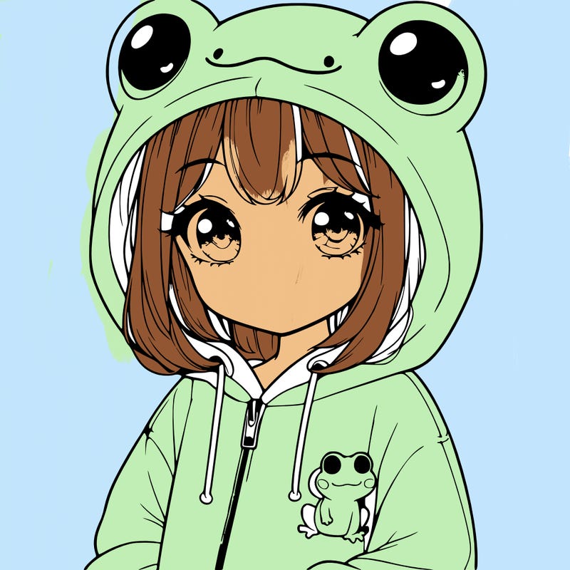 cute realistic girl in a froggy hoodie