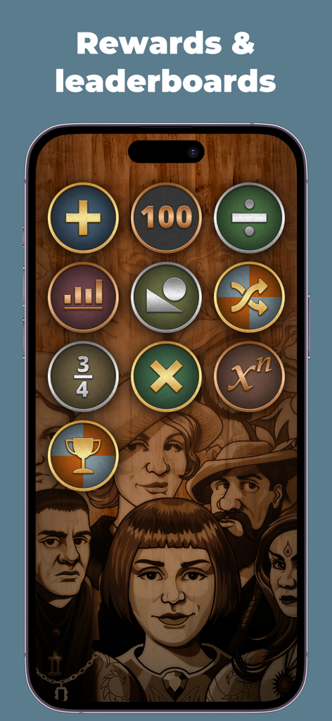 Interfaz de la aplicación King of Math que muestra iconos de operaciones matemáticas e ilustraciones de personajes medievales para recompensas y tablas de clasificación