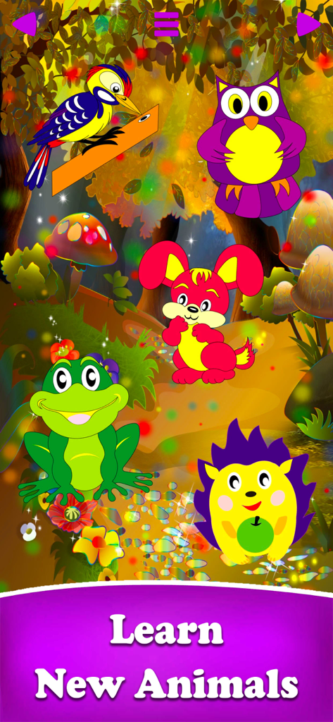 Colorful cartoon animals including a bird, owl, rabbit, frog, and hedgehog in a forest setting with the text Learn New Animals