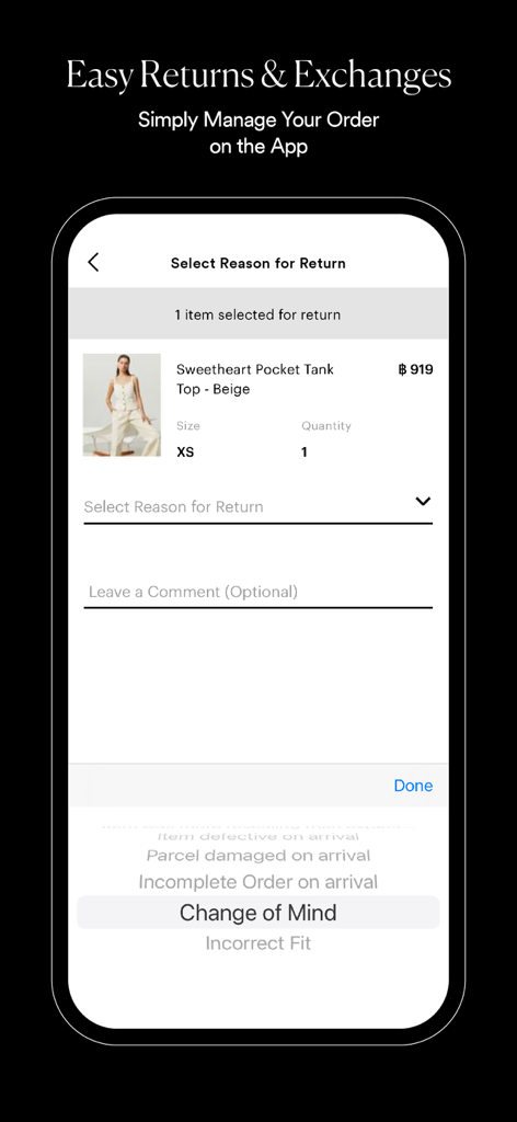 A mobile app interface from Pomelo Fashion showing the easy returns and exchanges process for an online order.