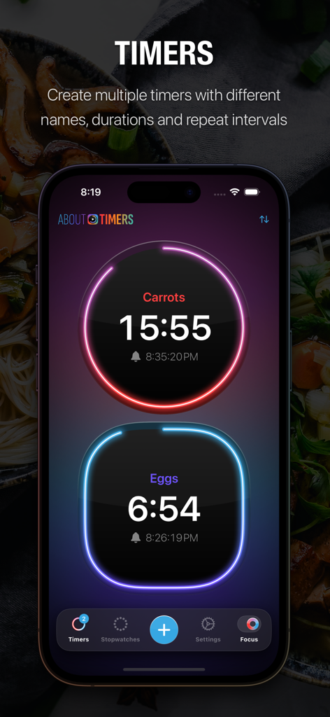 Multiple Timers & Stopwatches - Mobile app interface showing two simultaneous neon-colored timers for cooking carrots and eggs.
