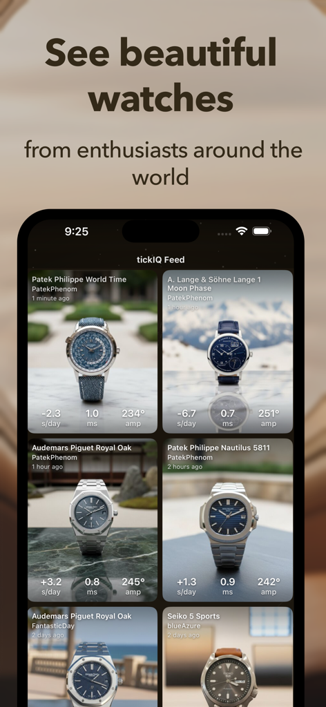 tickIQ: Measure, Track Watches - 기술 성능 데이터와 함께 애호가들이 공유한 럭셔리 시계를 보여주는 tickIQ 앱 내 피드