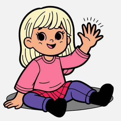 girl sitting down and waving