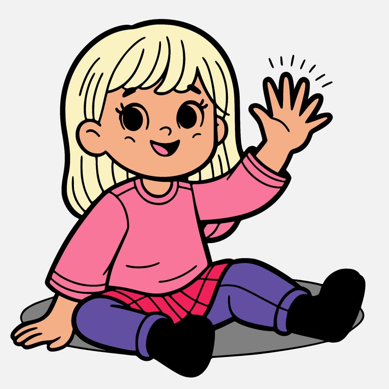 girl sitting down and waving