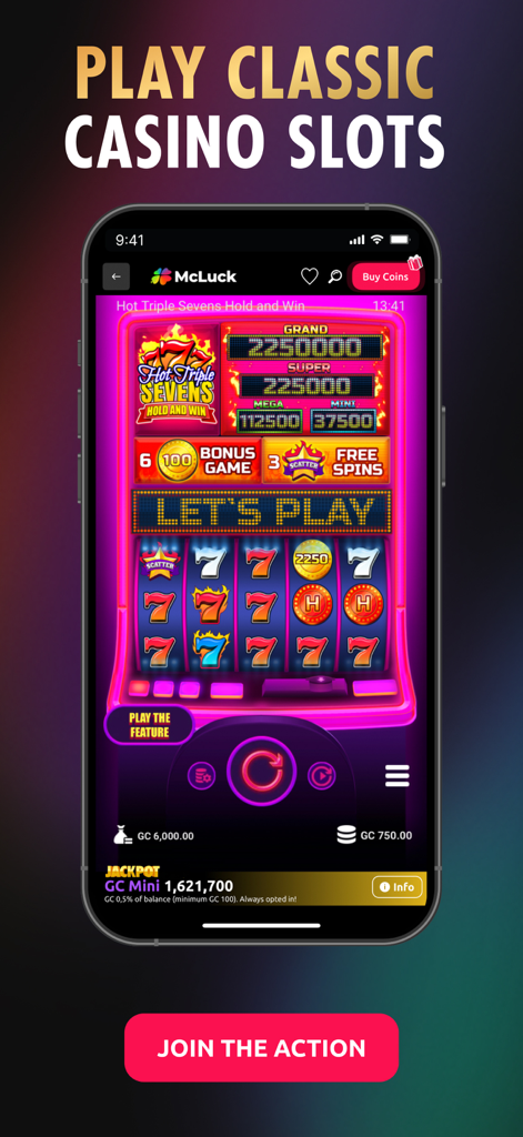 McLuck Casino mobile app showing a classic Hot Triple Sevens slot machine game with jackpot prizes