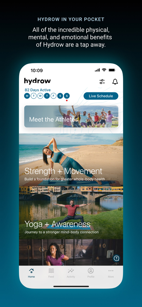 Hydrow - The Hydrow app home screen showing strength and yoga workout categories led by elite athletes in scenic locations.
