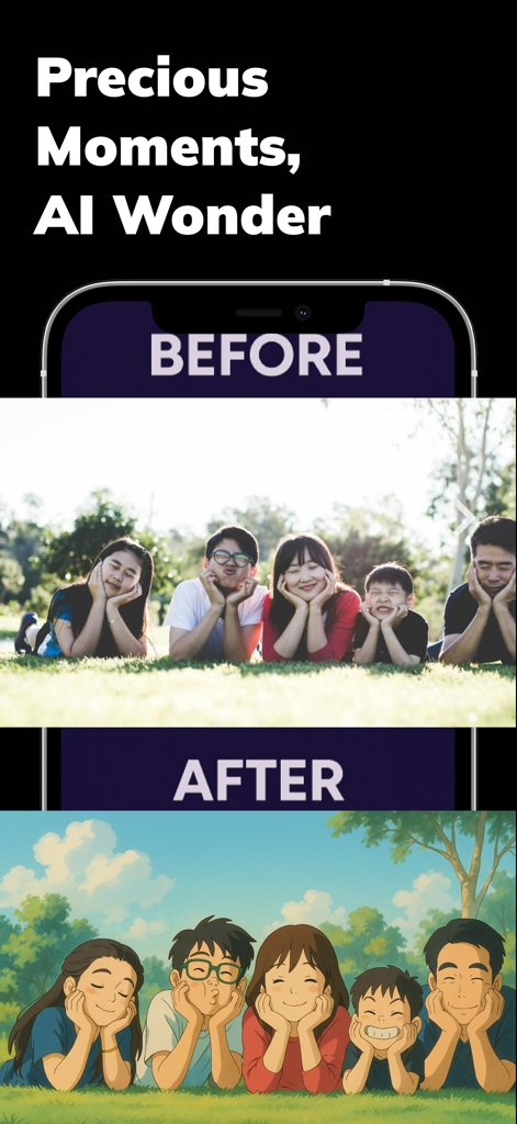 AI Japanese Anime Generator - Before and after comparison of a family photo converted into an anime style illustration