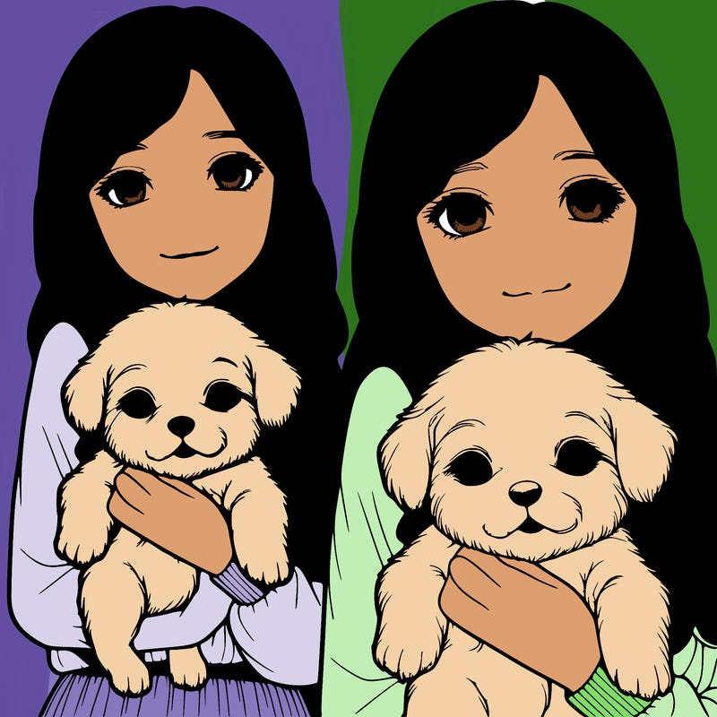 a realistic girl holding a realistic puppy