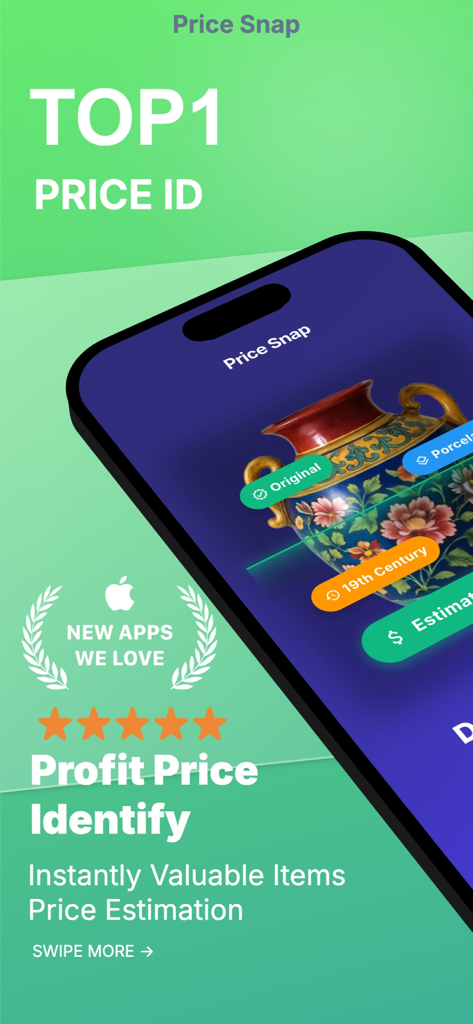 Price Snap: Ai Value Scanner - Price Snap AI value scanner app interface showing value estimation for an antique vase.