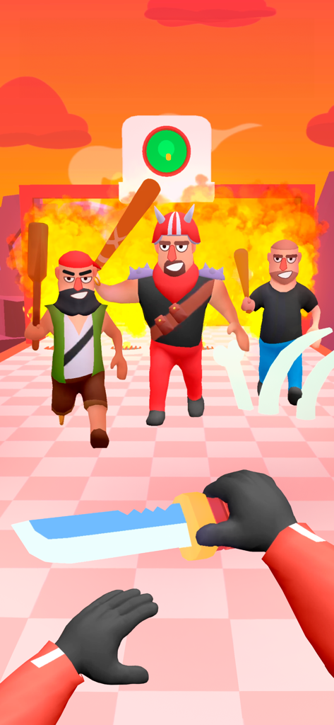 Vista en primera persona de un jugador sosteniendo un cuchillo mientras se enfrenta a tres enemigos que se acercan en un juego de acción