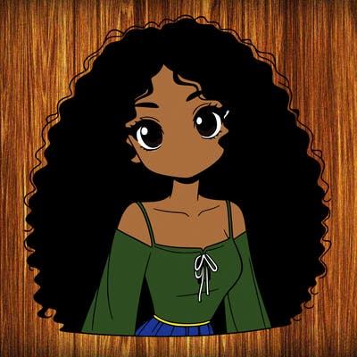 a black anime girl with long afro hair
