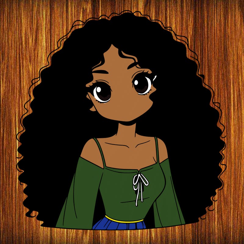 a black anime girl with long afro hair