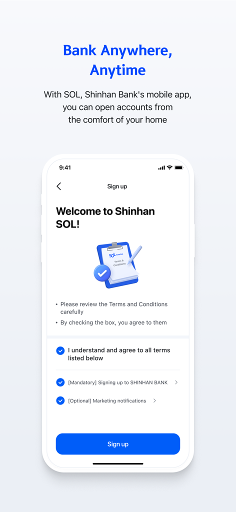 Shinhan Bank America - Shinhan Bank America SOL mobile app registration screen for opening new accounts