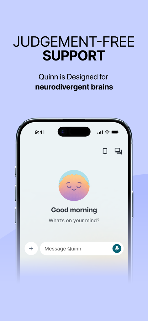 Inflow - Manage Your ADHD - Schermata dell'app Inflow con Quinn, il compagno AI per un supporto senza giudizi, progettato per cervelli neurodivergenti.