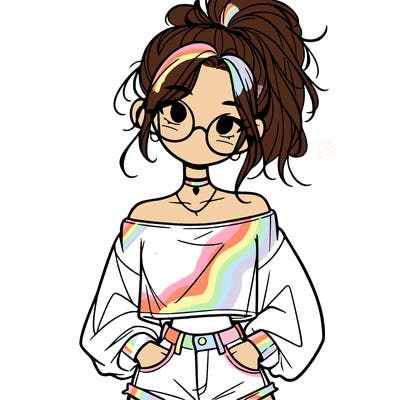 girl with a messy ponytail glasses a baggy crop top and jean shorts