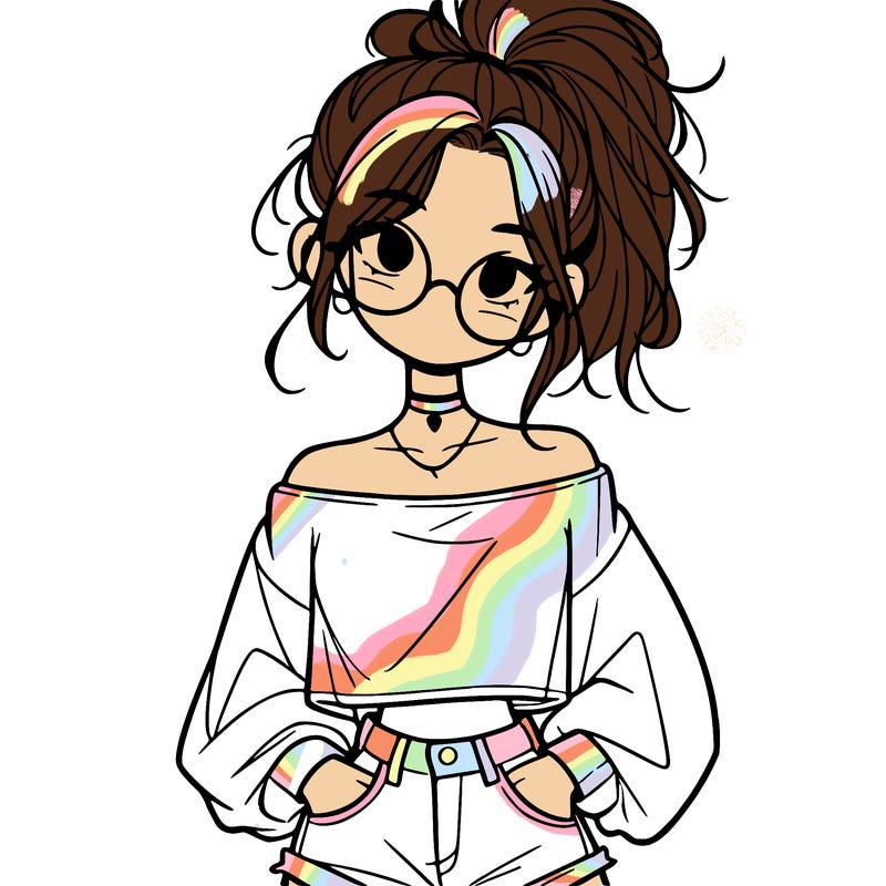 girl with a messy ponytail glasses a baggy crop top and jean shorts