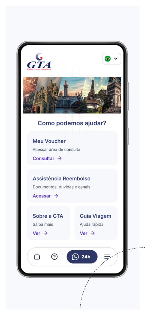 GTA: Seguro Viagem - A tela inicial do aplicativo GTA Travel Insurance com botões para acesso ao voucher, assistência de reembolso e suporte 24 horas.