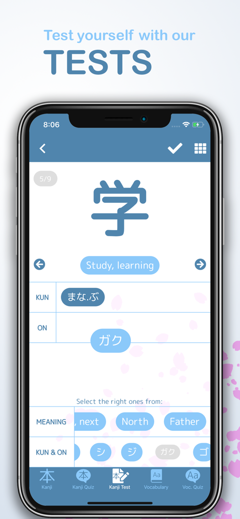 Kanji GO – Learn Japanese - Un écran de smartphone affichant un test de Kanji dans l'application Kanji GO avec le caractère pour étude et des réponses à choix multiples.