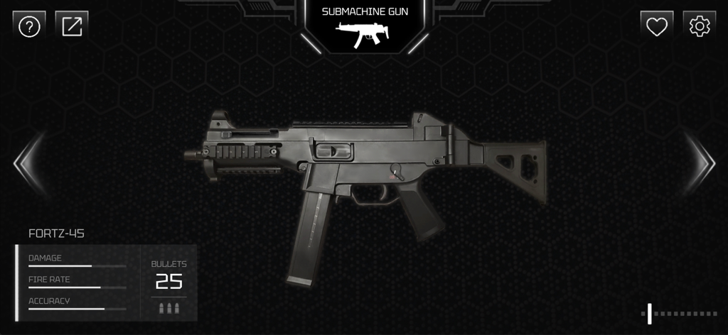 Interface of the Real Gun app featuring a submachine gun with weapon stats like damage and fire rate