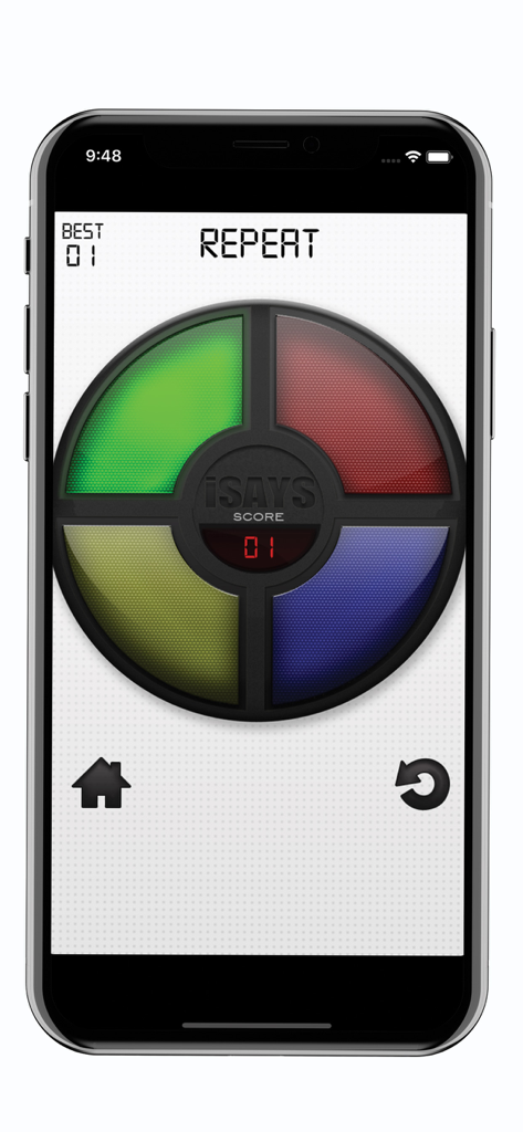 iSays memory game interface with four colored buttons and score display on a smartphone screen