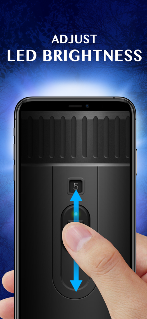 Flashlight ¤ - Oberfläche einer Taschenlampen-App, die zeigt, wie die LED-Helligkeit mit einer Schieberegler-Steuerung eingestellt wird.