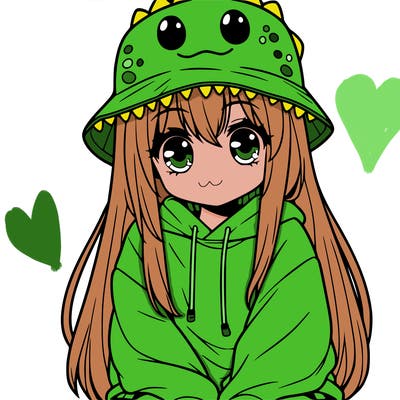 girl with anime shaped eyes with a dinosaur bucket hat oversized sweatshirt long straight hair
