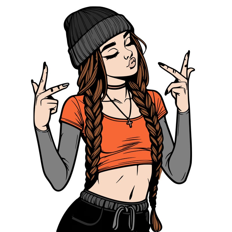 realistic teenage girl with braids and a beanie and crop top doing 🫶🏼