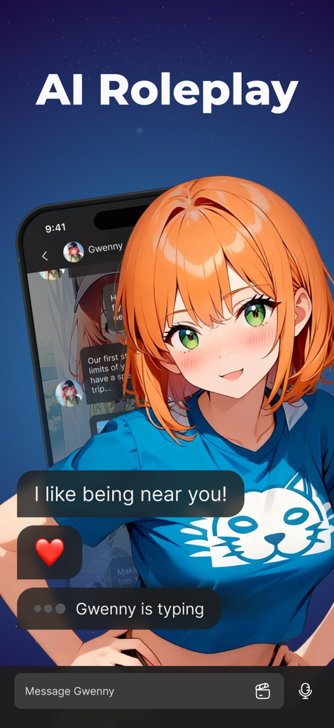 Dream Mate: AI Roleplay Chat - Dream Mate AI Roleplay Chat interface showing a conversation with an anime character named Gwenny.