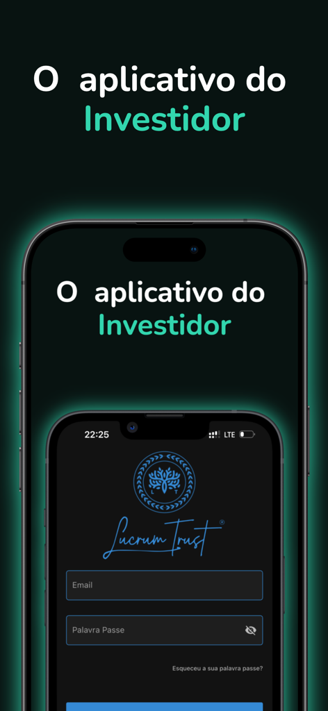 Lucrum Invest - Tela de login do aplicativo móvel Lucrum Invest para investidores da bolsa de valores angolana