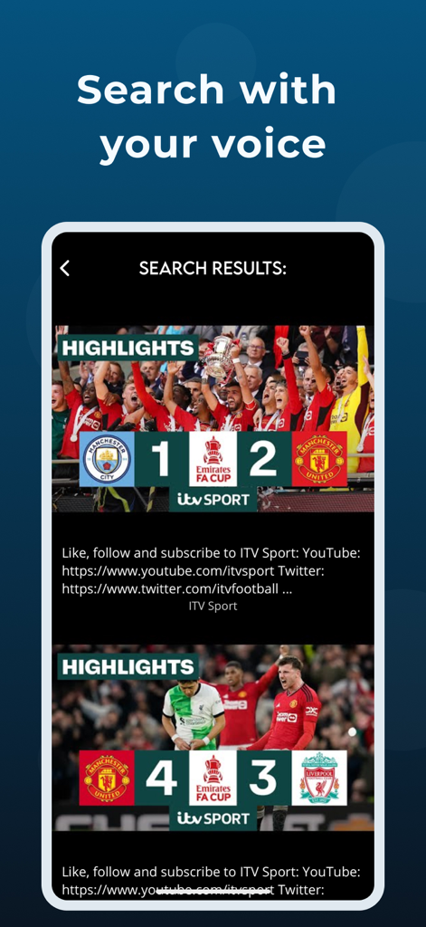 Interface do aplicativo MyRemote mostrando resultados de busca por voz para destaques de jogos de futebol