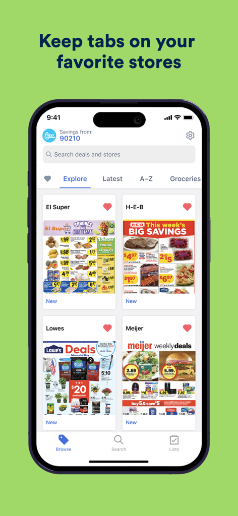 Una pantalla de teléfono móvil que muestra la interfaz de la aplicación Flipp con anuncios y circulares semanales de tiendas favoritas como HEB y Meijer.