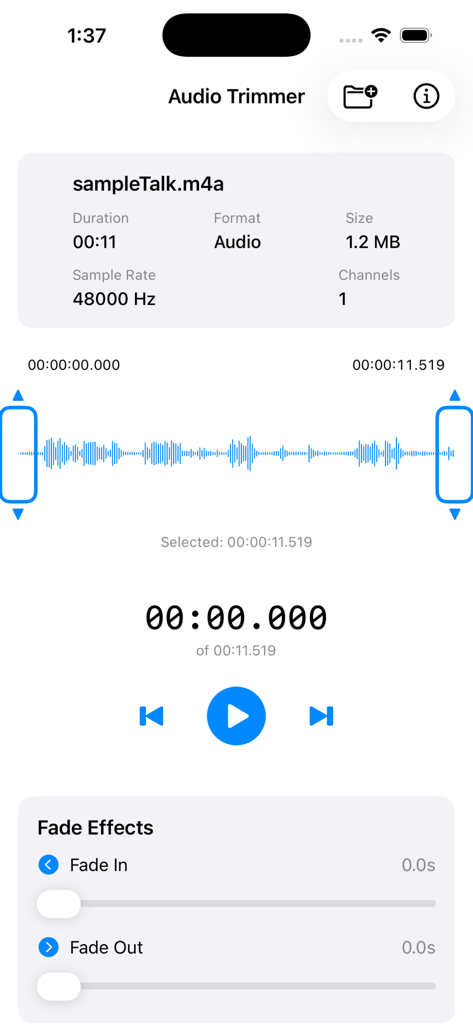 Audio Trimmer Plus - Screenshot of the Audio Trimmer Plus app showing audio waveform and fade effects.