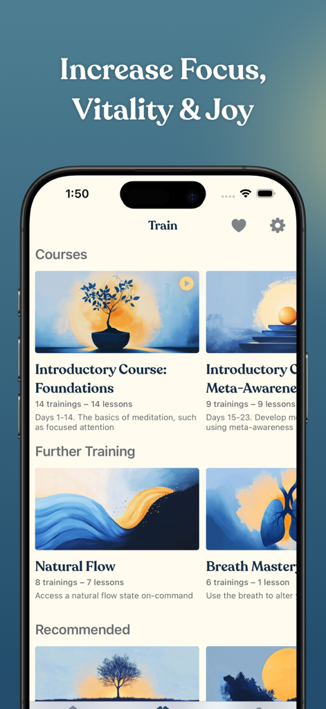 FitMind: Mental Fitness - FitMind App-Trainingsbildschirm, der Meditationskurse für Fokus und Vitalität zeigt