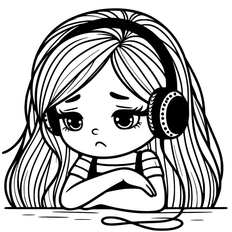 sad girl with long hair listening to music