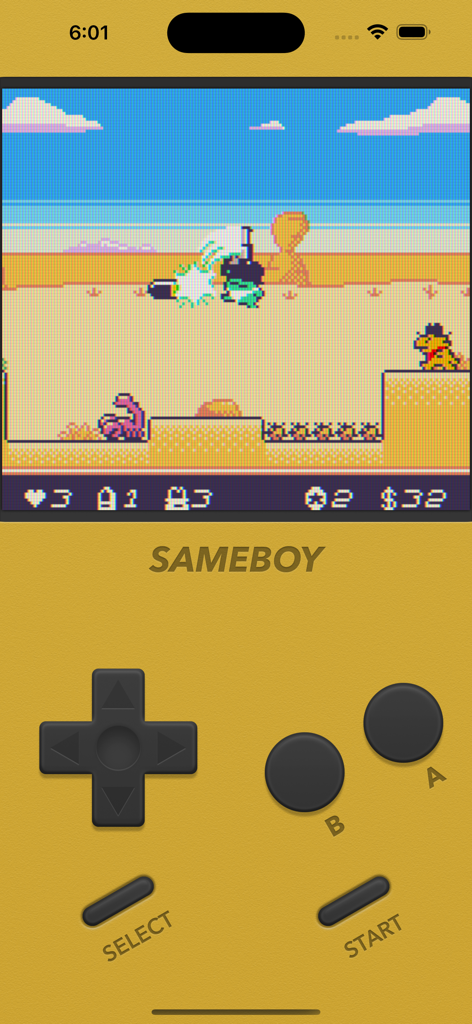 SameBoy emulator running a retro game on iPhone with a yellow handheld console skin and virtual buttons.
