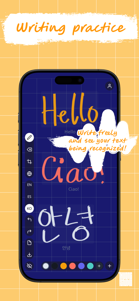 VocaBoard: Writing Practice - VocaBoard app interface showing handwritten words in English Italian and Korean being recognized on a digital whiteboard