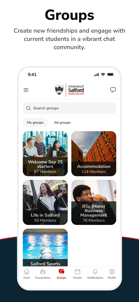 SalfordUni CampusConnect - Mobile interface showing various student community groups on the SalfordUni CampusConnect app.