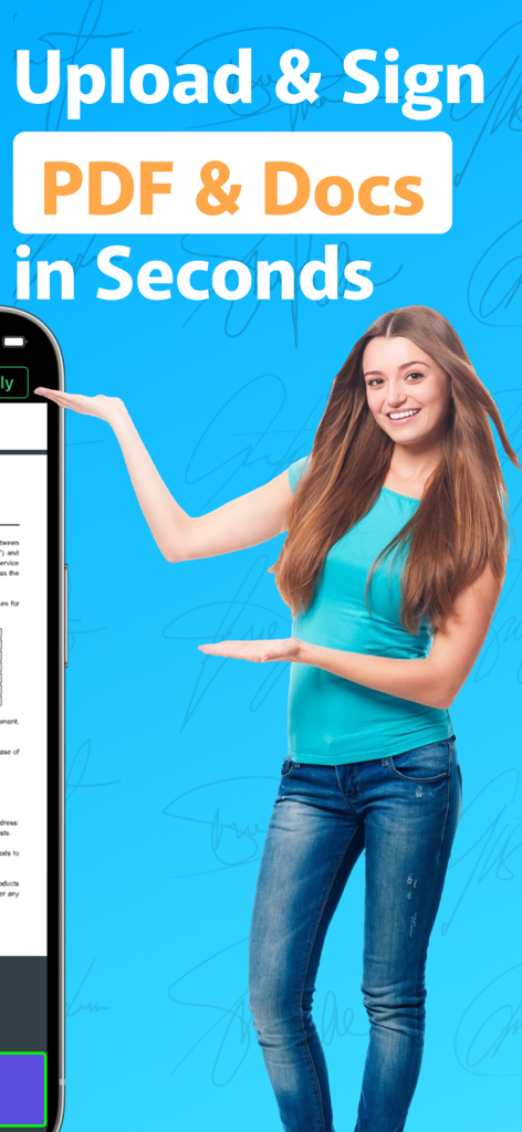 女性がモバイルフォンでPDFドキュメントをアップロードして署名するためにEasy Signアプリを提示している様子。