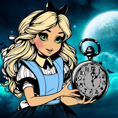 realistic alice in wonderland holding a large watch