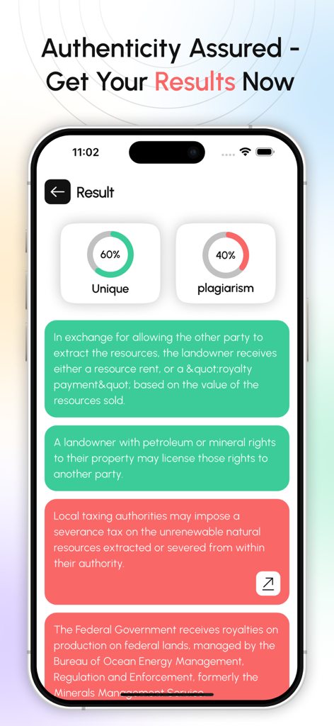 Captura de pantalla de la aplicación móvil mostrando un resultado de verificación de plagio con sesenta por ciento de texto único y cuarenta por ciento de plagio, y bloques de texto resaltados.