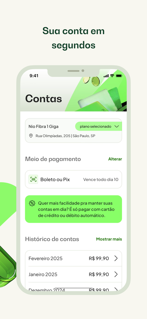 Interface do aplicativo móvel para internet Nio mostrando histórico de faturamento e opções de pagamento