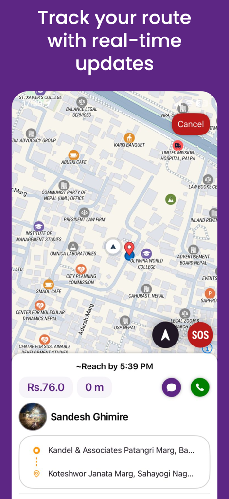 Sajilo Rider - Sajilo Rider mobile app screen displaying real time route tracking on a map with ride details and an SOS button