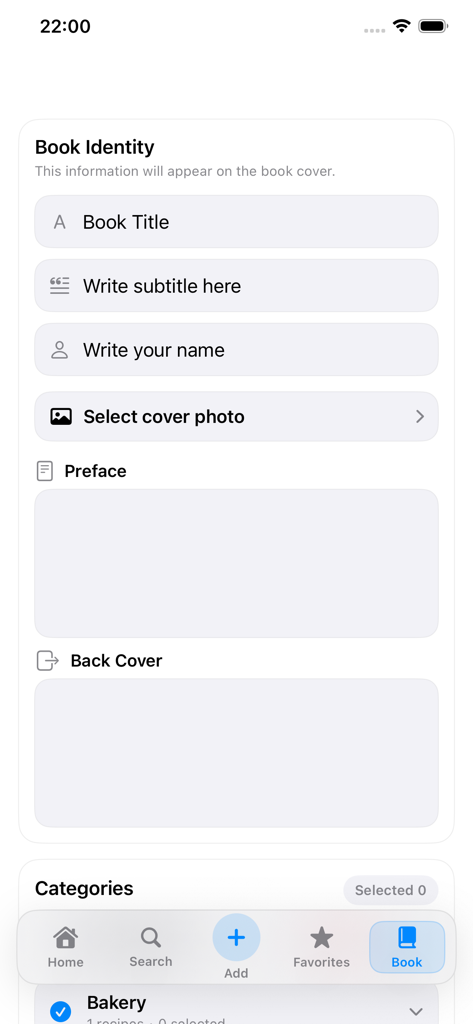 RecipeNotes – For Pro Chefs - Pantalla de personalización de libro de cocina digital con campos para título del libro, nombre del autor, foto de portada y prefacio.