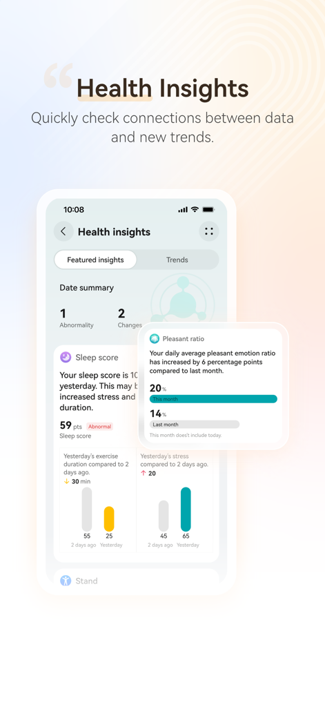 Interface do aplicativo HUAWEI Health exibindo insights de saúde, incluindo pontuações de sono e tendências emocionais