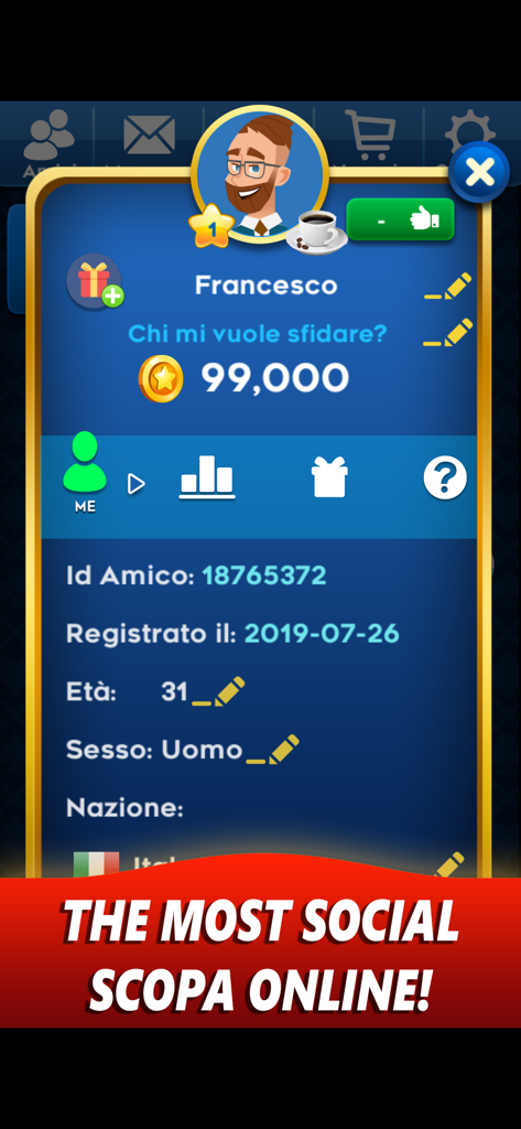 Scopa Online - Gioco di carte - Pantalla de perfil de usuario en Scopa Online que muestra estadísticas del jugador, monedas y funciones de conectividad social.