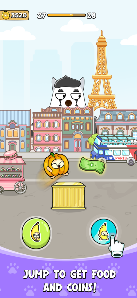 Banana Cat Run: World Travel - Banana Cat wearing a pumpkin costume jumping in front of the Eiffel Tower to collect coins and cash