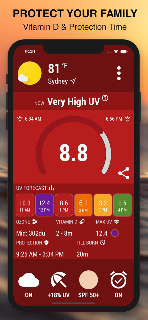 UV Index Now - UVI Mate - UVI Mate app interface showing a very high UV index level of 8.8 with sun safety forecast and skin protection recommendations.