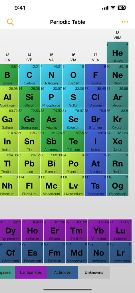 A color-coded grid view of the chemical elements in the Periodic Table of Elements mobile app interface.