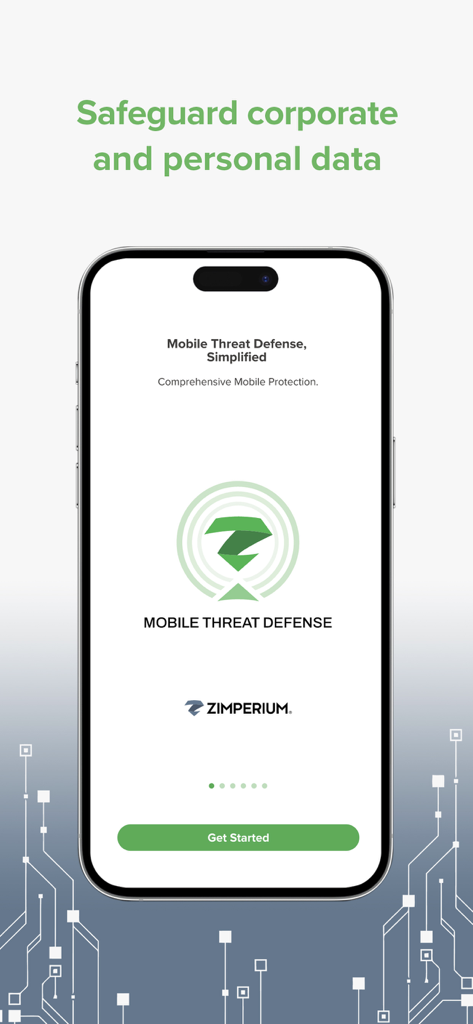 Zimperium MTD - Pantalla de bienvenida de Zimperium MTD en iPhone mostrando el mensaje de salvaguardia de datos corporativos y personales