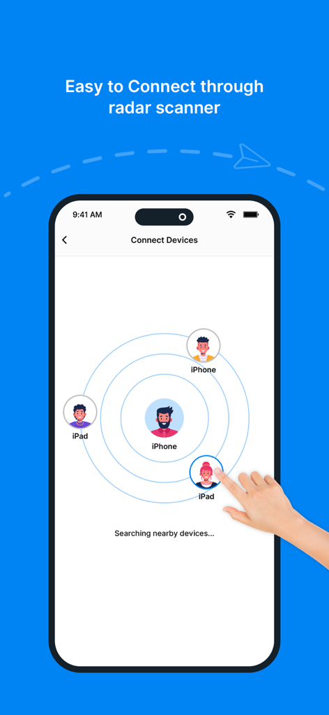 ShareMe - All File Sharing - Interfaz del escáner de radar de la aplicación ShareMe buscando dispositivos cercanos para conectar